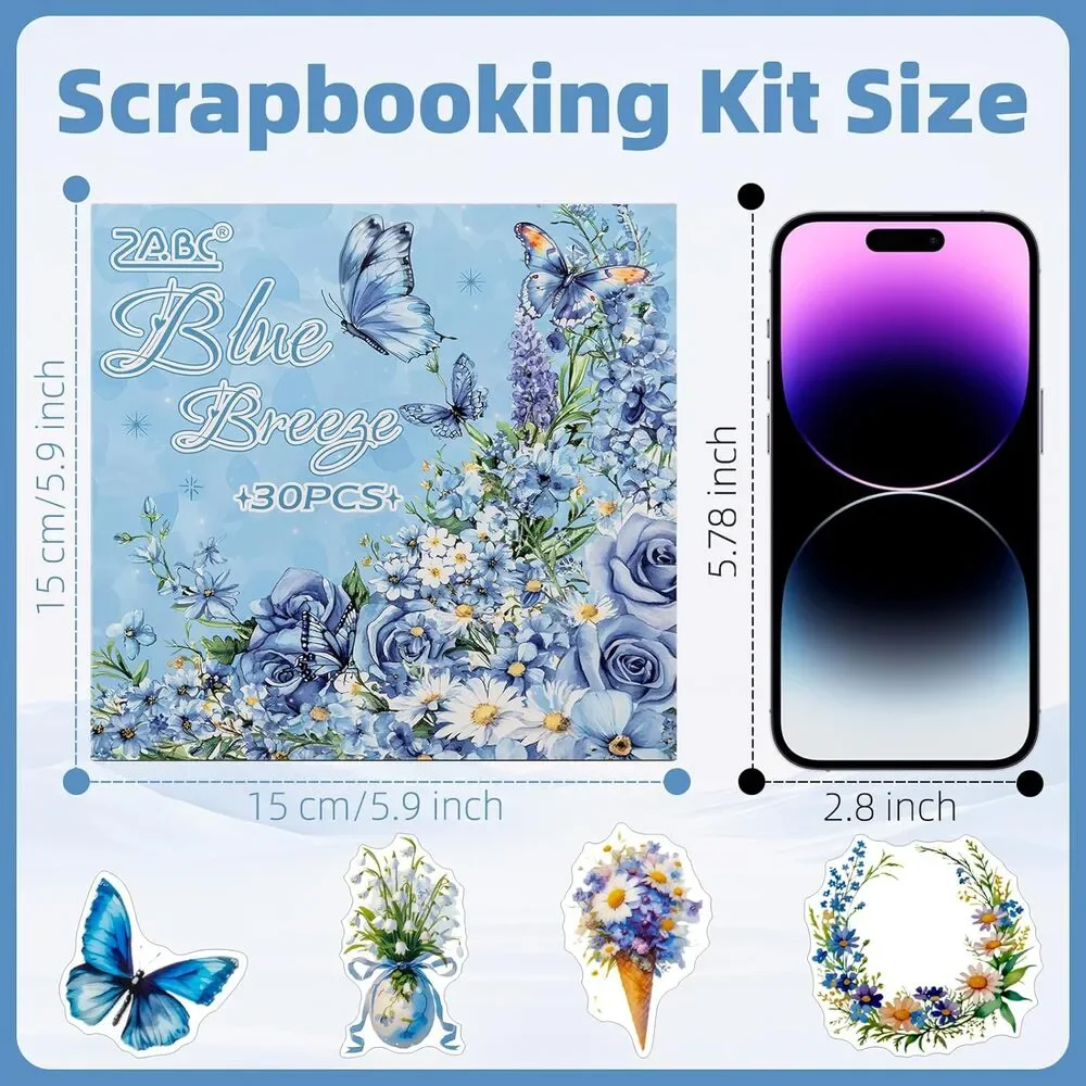 Blue Butterfly Scrapbooking Stickers Junk Journal PET Vintage Floral 30 Sheets